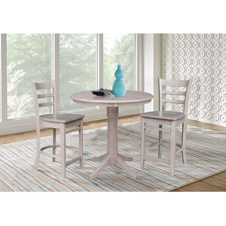 International Concepts 36 in. Solid Wood Round Top Pedestal Counter Height Dining Table with 2 Stools, Washed Gray Taupe K09-36RT-27B-S6172-2